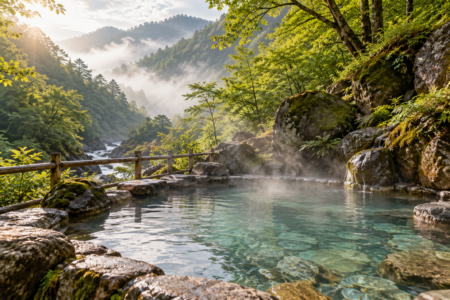 緑の山々と渓流に囲まれた露天風呂のAIイメージ